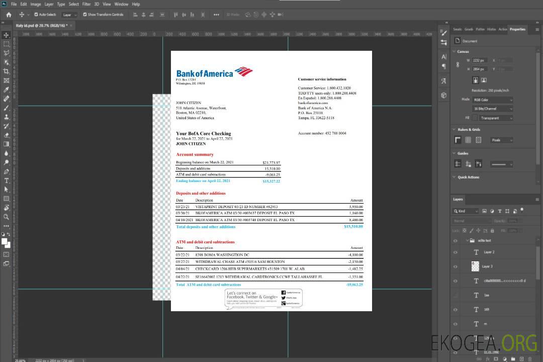 Modèle de relevé bancaire USA Bank of America au format Excel et PDF, version 4 template